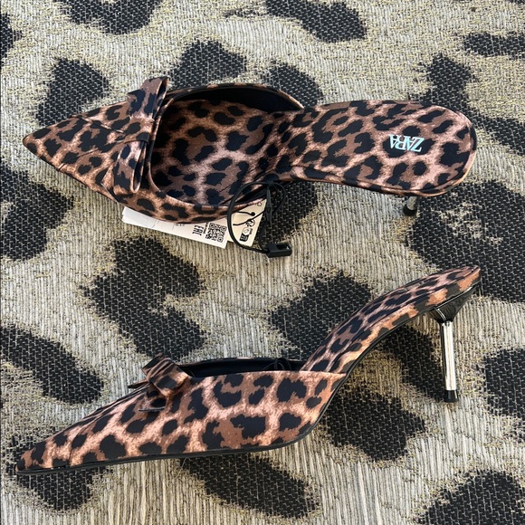 Zara Bow Leopard Animal Print Kitten Heel Mules - Picture 7 of 13